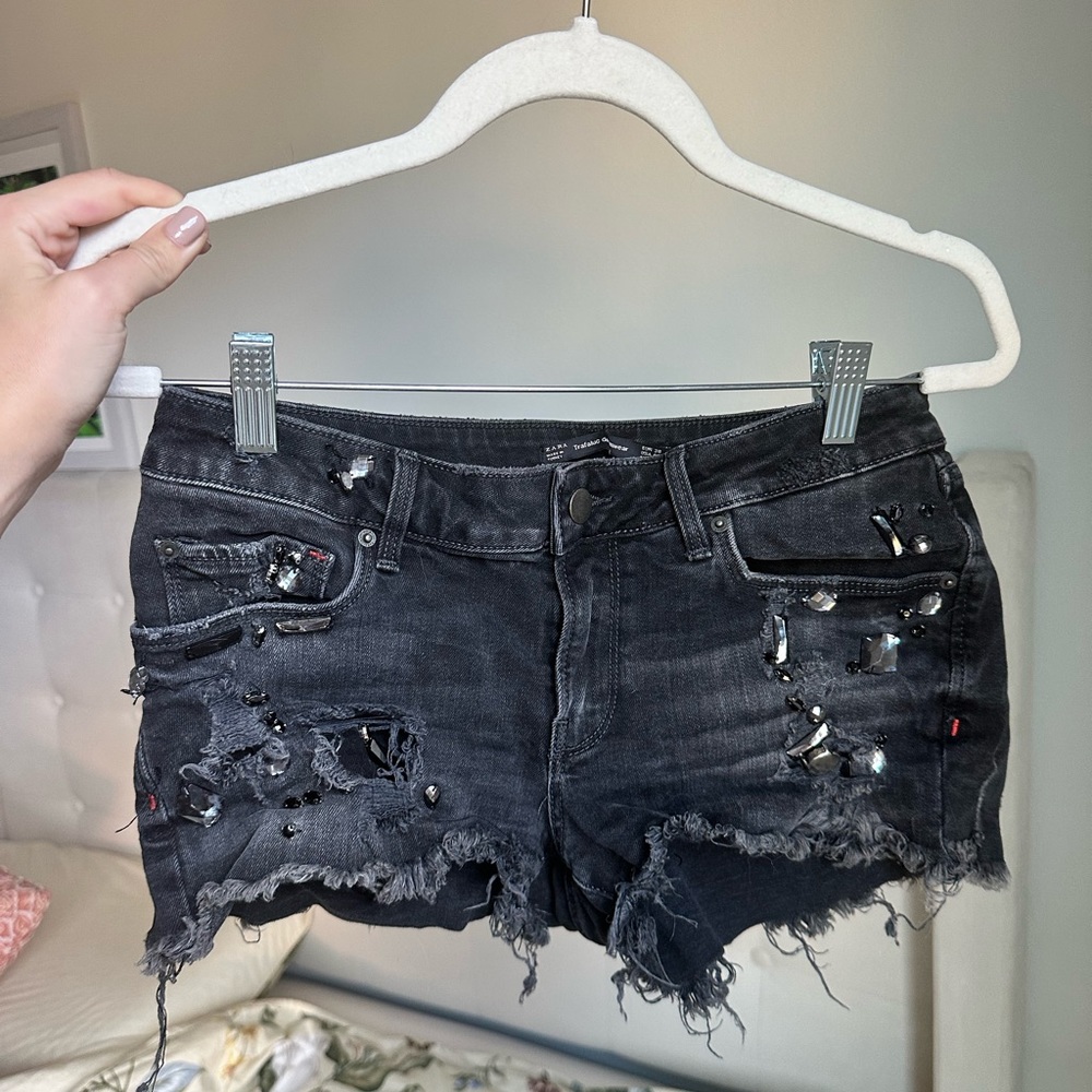 Zara Black Denim Rhinestone Distressed Ripped Shorts - Great Condition